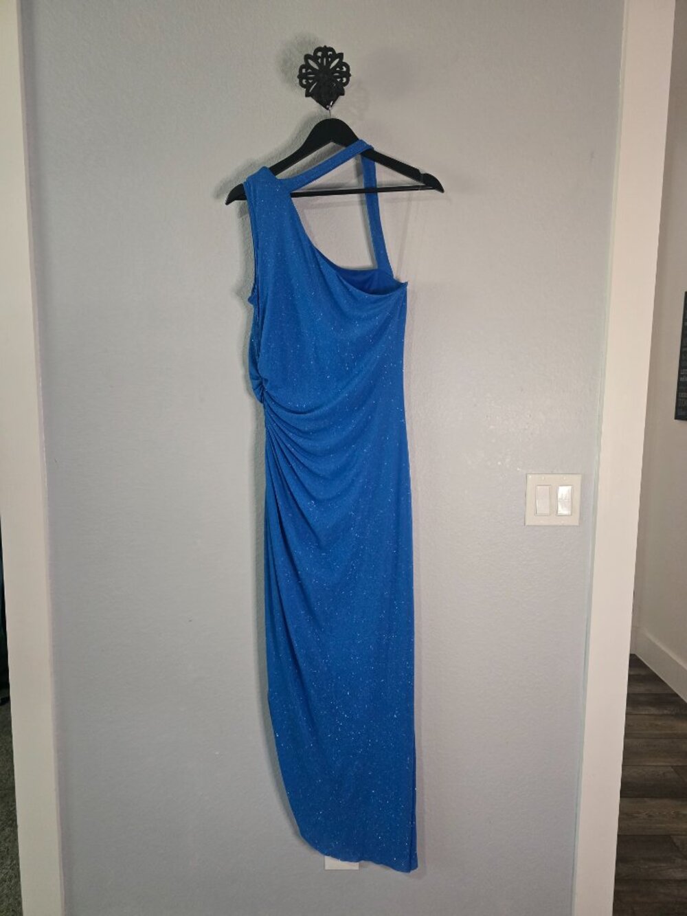 NWT Candalite Blue Glitter One Shoulder Ruched Maxi Dress